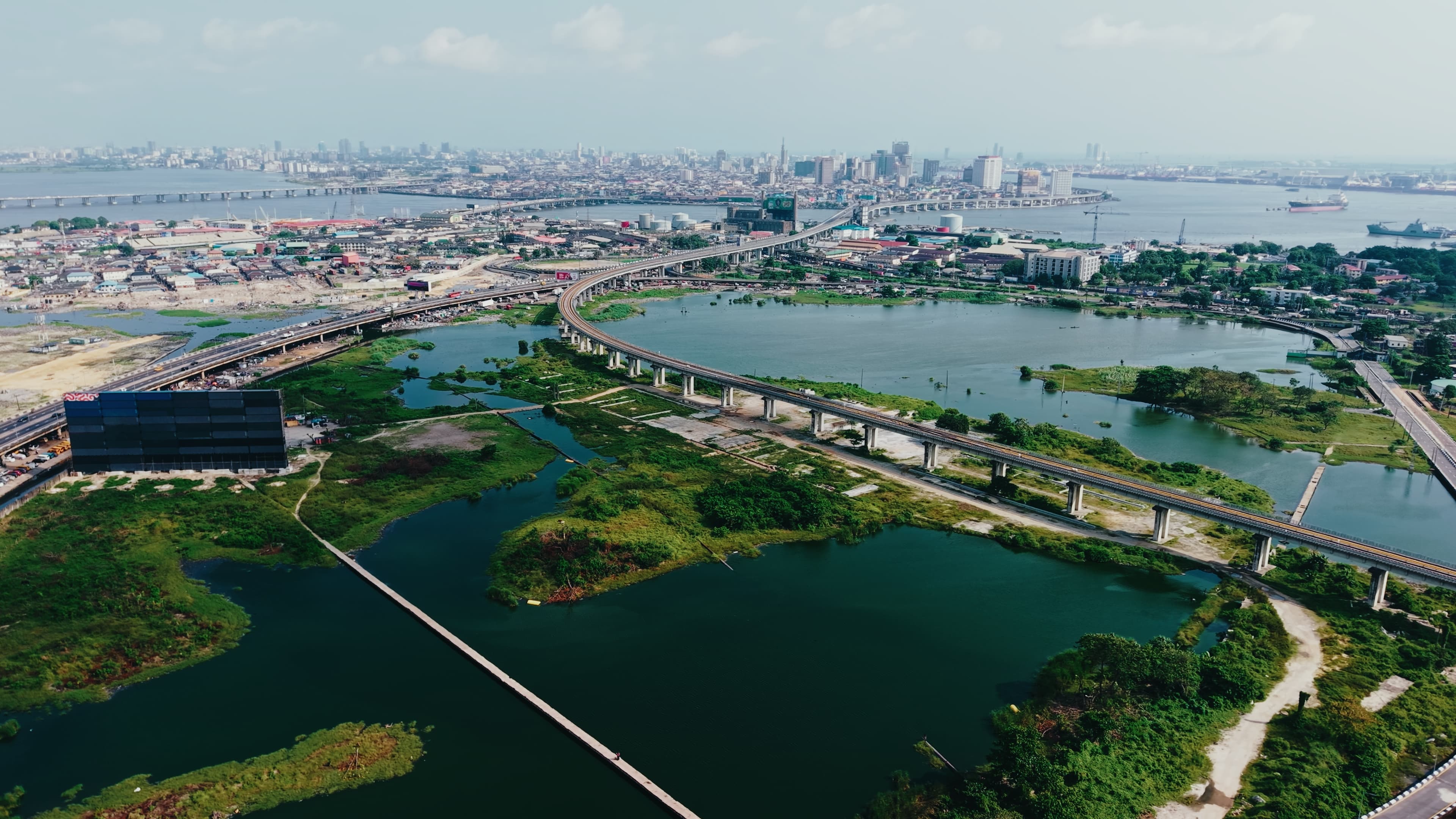 Aerial view of the Lagos waterfront and skyline.